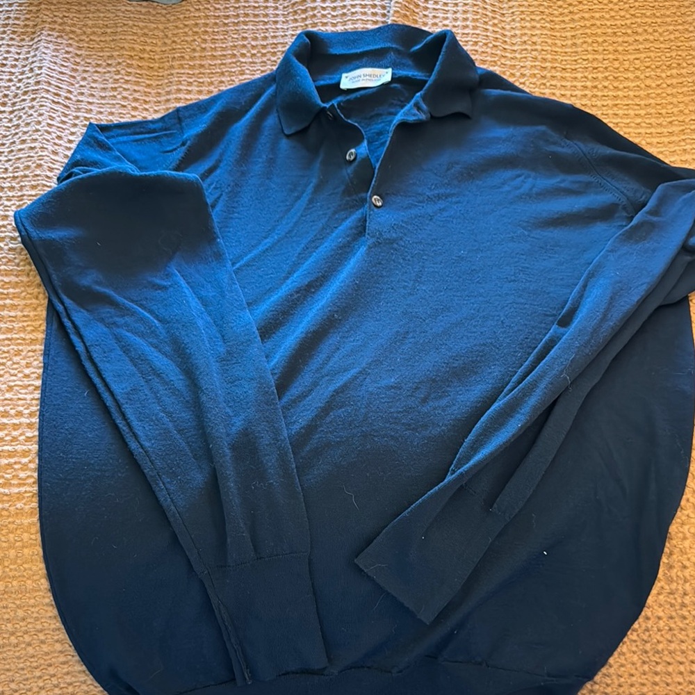 John Smedley Navy Blue Long Sleeve Polo Sweater Shirt